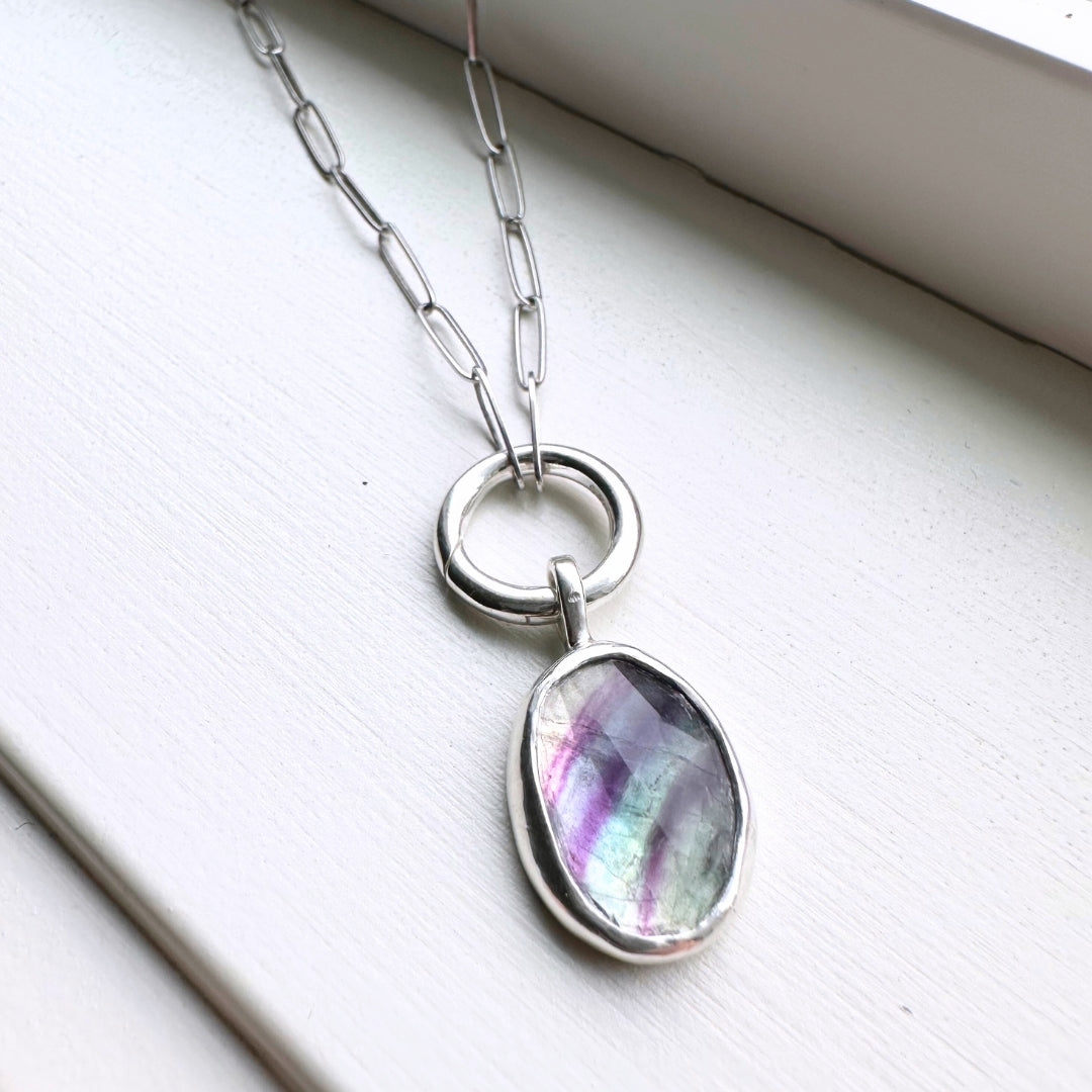 fluorite bezel charm pendant in sterling silver