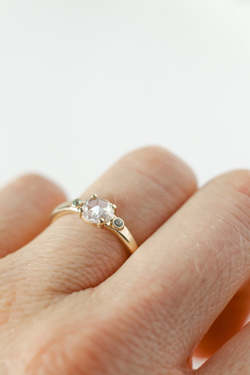Rose Gold Moissanite Anchor Ring with Aquamarine