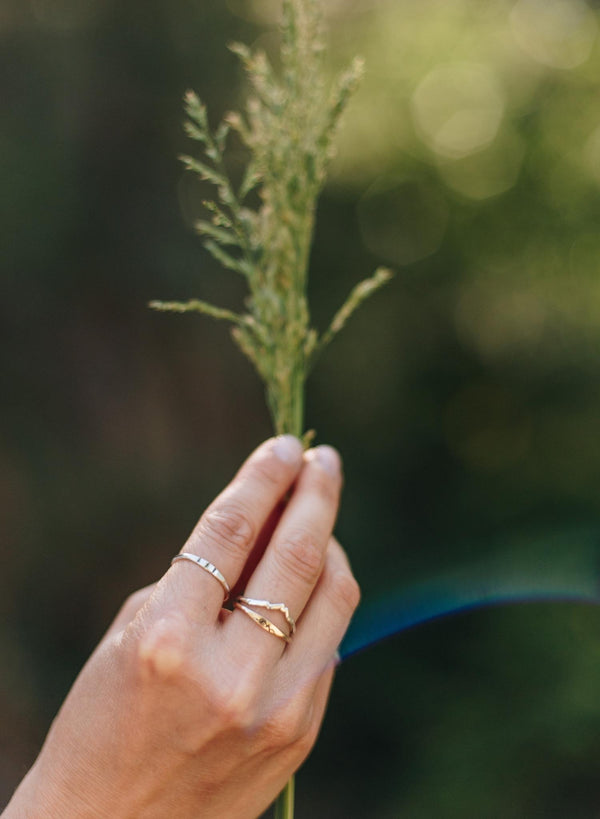 Woman's hand holding leaves with multiple silver and gold nature inspired rings on each finger