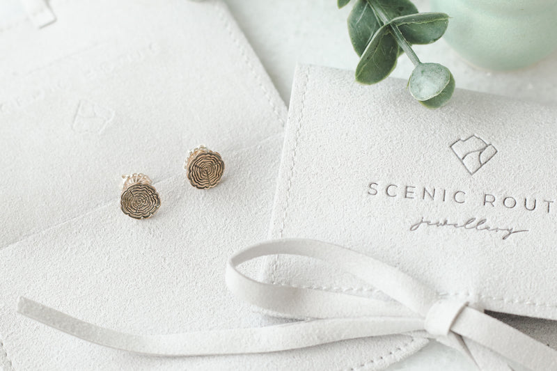 scenic route jewellery packaging and gold tree slice stud earrings