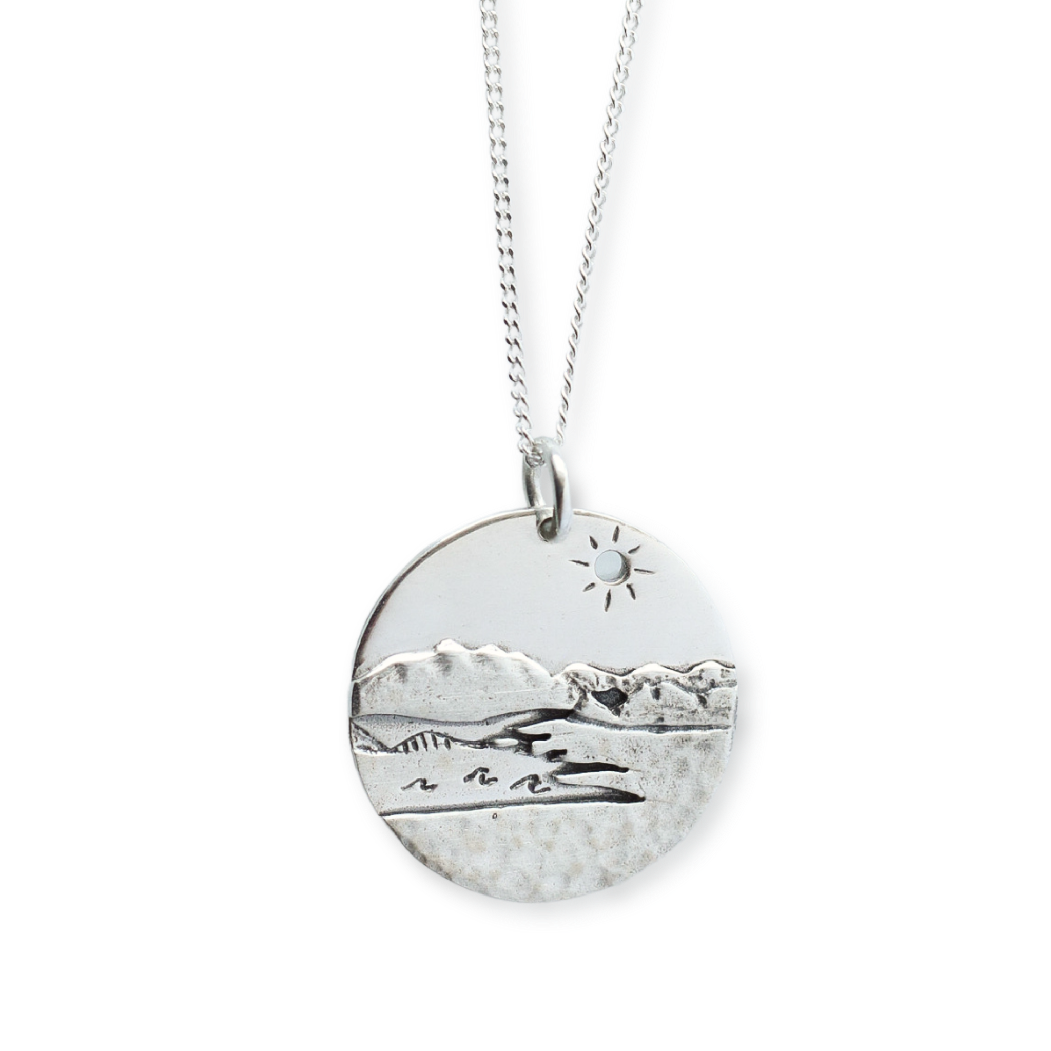 Sterling silver Kelowna BC pendant with mountains, okanagan lake and the iconic bridge.