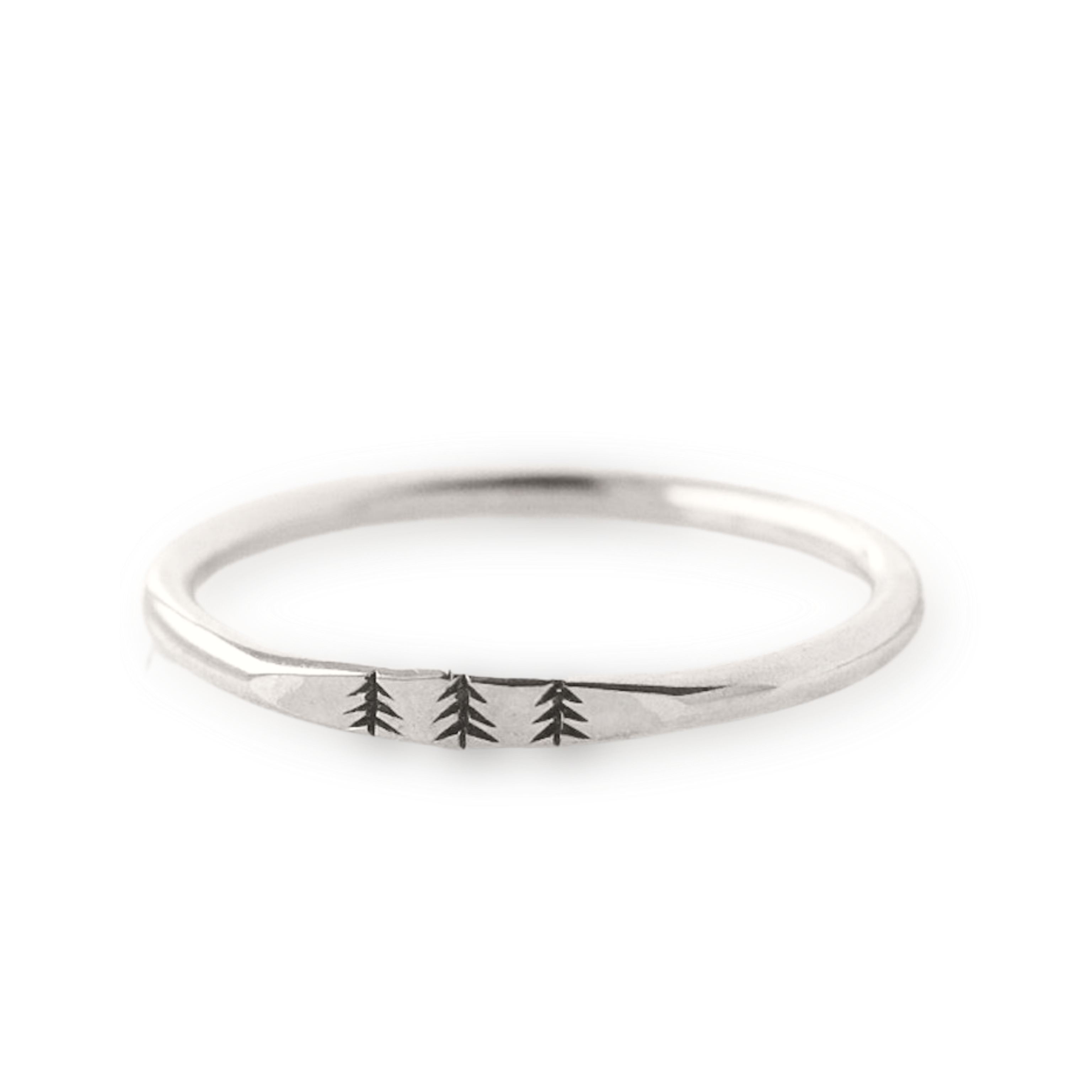 Silver dainty signet style stacking ring with three trees engraved on the band.