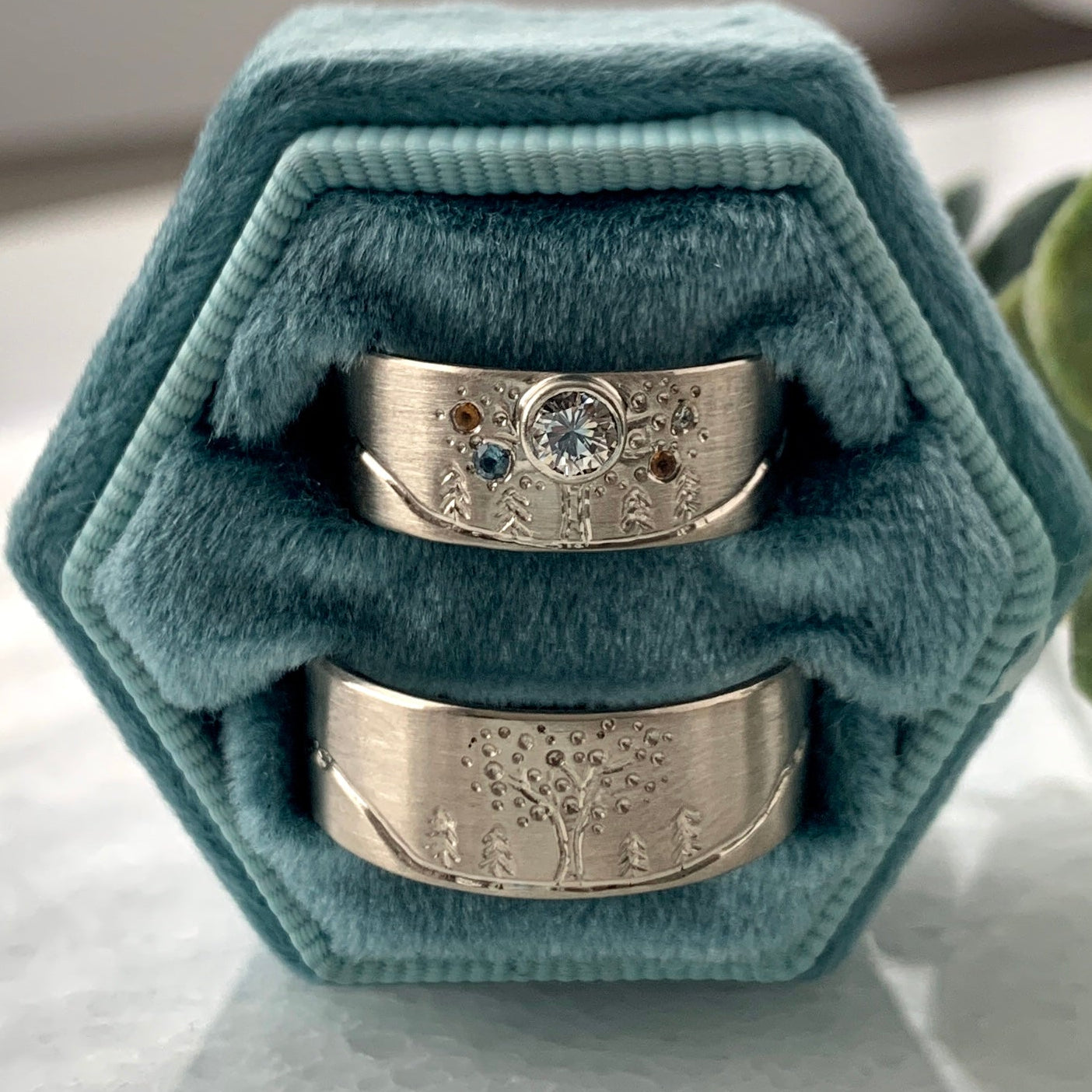 Two whitre gold rings in a hexagonal blue velvet box on a textured surface with greenery.