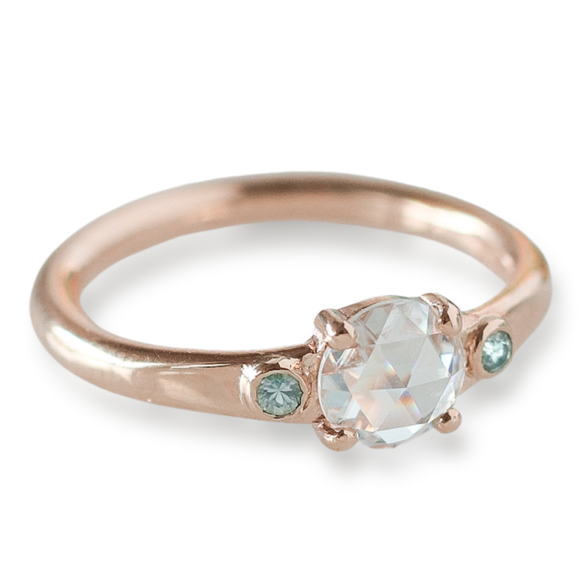 Rose Gold Moissanite Anchor Ring with Aquamarine